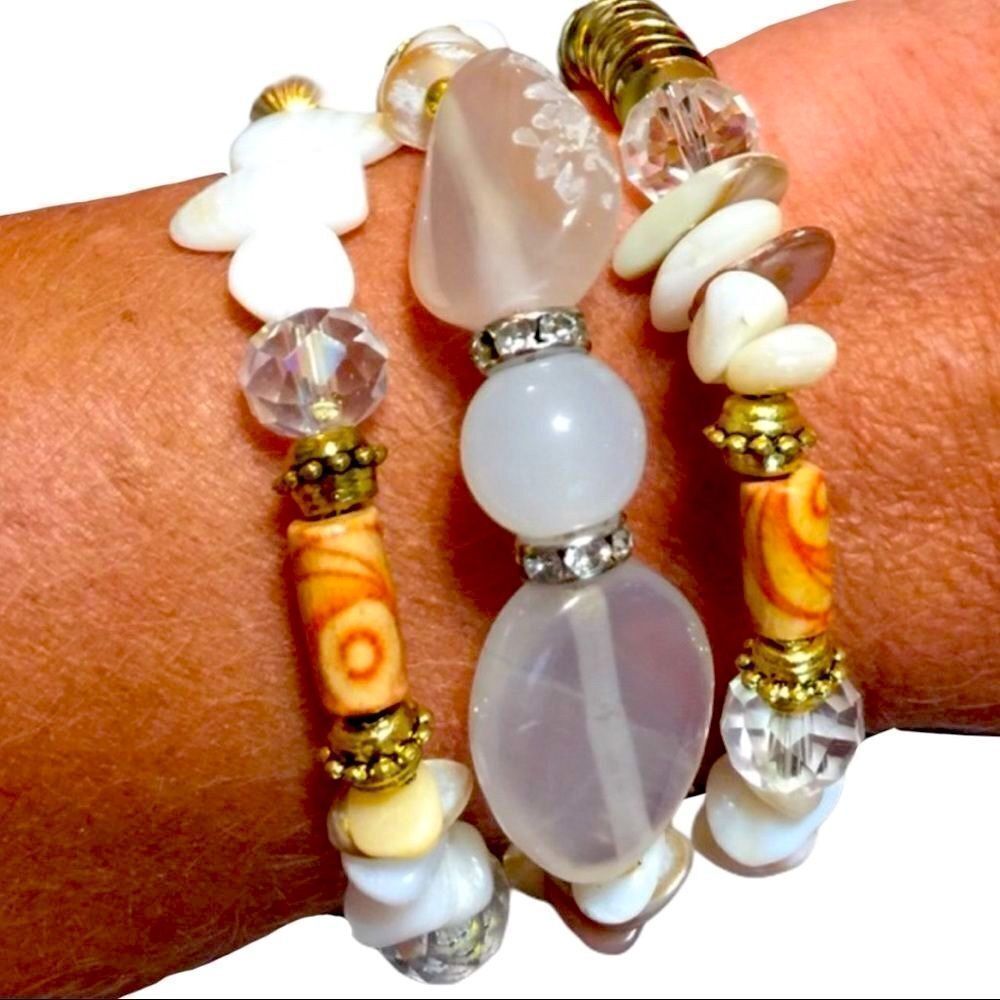 Multi Wrap Gold White Brown Beaded Bangle Bracelet -NEW